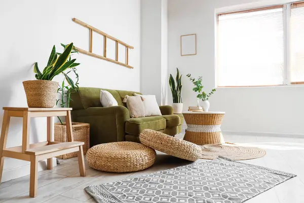 Çiçek, rahat bir kanepe ve okaliptüs dalları güzel bir odadaki sehpanın üzerinde.