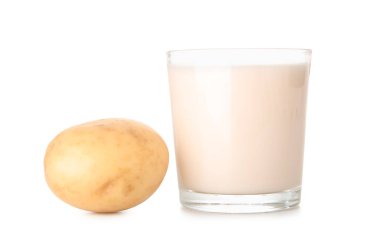 Glass of tasty potato milk on white background clipart