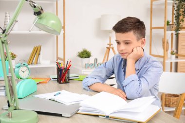 Küçük çocuk evde ders alıyor.