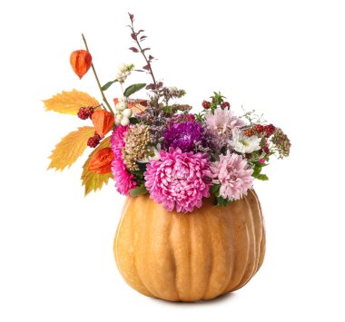 Beyaz arka planda balkabağında güzel bir sonbahar buketi