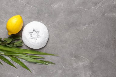 Dört tür (lulav, hadas, arava, etrog) Gri grunge arka planda Sukkot festival sembolleri ve kippah olarak