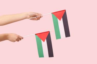 Pembe arka planda Filistin bayrakları olan kadın eller.