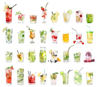 Beyaz arka planda farklı limonata setleri