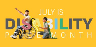 Little boy and his father in wheelchair wearing superhero capes on yellow background. Banner for Disability Pride Month