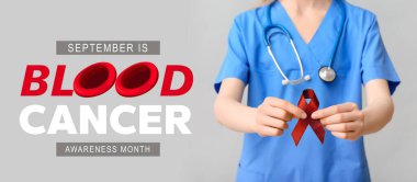 Doctor with red ribbon on light background. Banner for Blood Cancer Awareness Month clipart