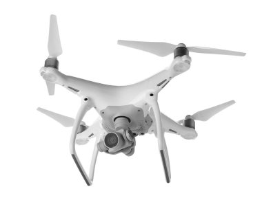 Modern uçan kuadkopter beyaz arkaplanda izole edildi