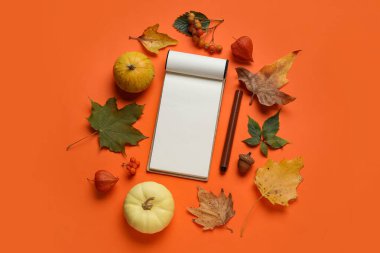 Renk arkaplanında boş defter, işaret, balkabağı ve doğal orman dekoru olan kompozisyon