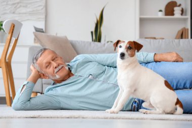 Evde yerde yatan sevimli Jack Russell teriyeri olan olgun bir adam.
