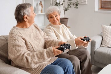 Üst düzey bayan arkadaşlar evdeki kanepede oyun oynuyorlar.