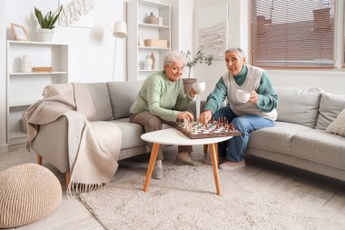 Evde satranç oynayan çay fincanlarıyla kıdemli bayan arkadaşlar.