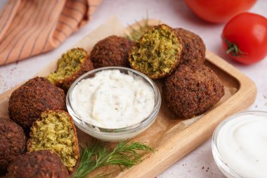 Tahta tahta tahta tahta tahta, nefis falafel topları ve hafif arka planda sos, yakın plan.