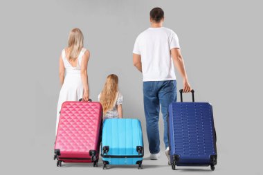 Gri arka planda bavulları olan mutlu bir aile.