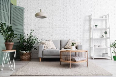 Rahat kanepesi, lambası ve raf ünitesi olan şık bir oturma odası.