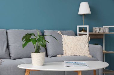 Rahat kanepe, çiçek, lamba ve sehpası olan mavi oturma odasının şık bir iç mekanı.