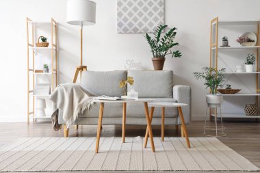 Kanepe, ekose, raf ünitesi ve sehpası olan bir oturma odası.