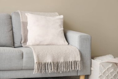 Beyaz oturma odası, rahat kanepe, ekose ve yastıklı