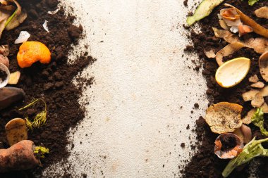 Beyaz grunge arka planda organik atık ve topraktan yapılmış çerçeve. Gübre geri dönüşüm kavramı