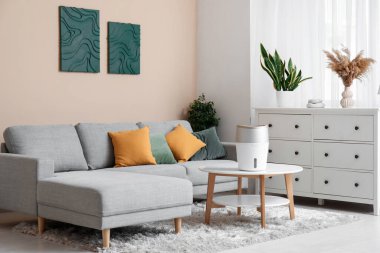 Modern nemlendirici sehpanın üzerinde, şık oturma odasındaki çekmecelerin yanında.