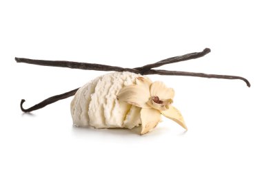 Beyaz arka planda çubuklu ve çiçekli vanilyalı dondurma topu.