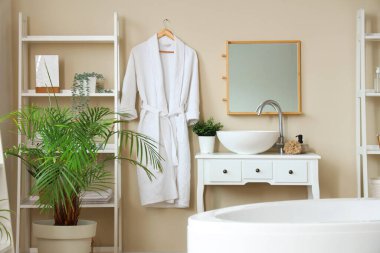 Asılı bornozlu modern banyo.