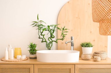 Kozmetik ürünleri ve ev bitkileriyle modern lavabo.