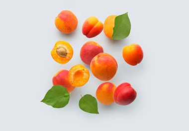 Gri arka planda yaprakları olan uçan kayısılar.