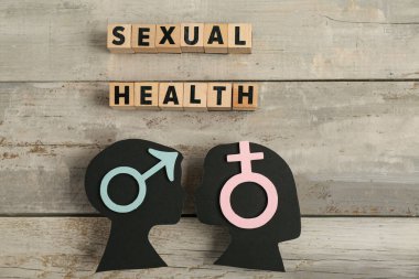 Erkek ve kız çocuklarının siluetleri, erkek ve kadın sembolleri ve tahta arka planda SEXUAL Sağlık yazılı küpleri.