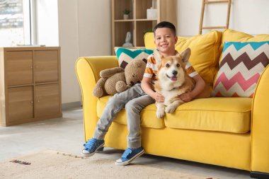 Little happy Asian boy with cute Corgi dog and teddy bear sitting on sofa at home