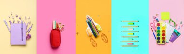 Renkli arka plan, düz alan okul malzemeleri seti