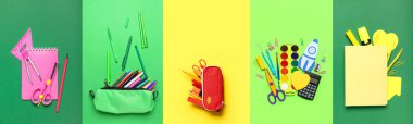 Okul gereçleri renk arkaplanı, üst görünüm