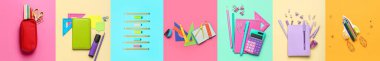 Okul gereçleri renk arkaplanı, üst görünüm