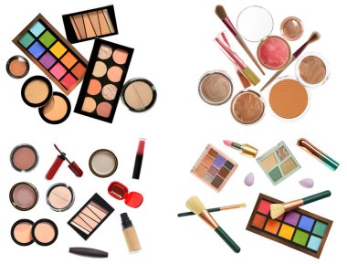 Beyaz arka planda uçan makyaj malzemeleri ve aksesuarları