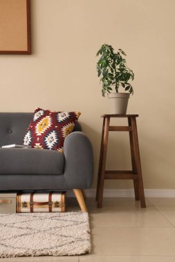 Siyah kanepesi, yastığı, resimleri ve çiçekleri olan güzel bir oturma odası.