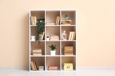 Kitapları ve bej duvarın yanında dekorasyonu olan modern raf ünitesi.