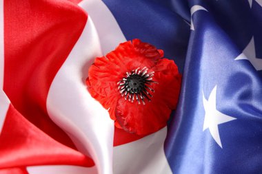 ABD bayrağı ve haşhaş çiçeği, yakın plan. Anma Günü kutlaması