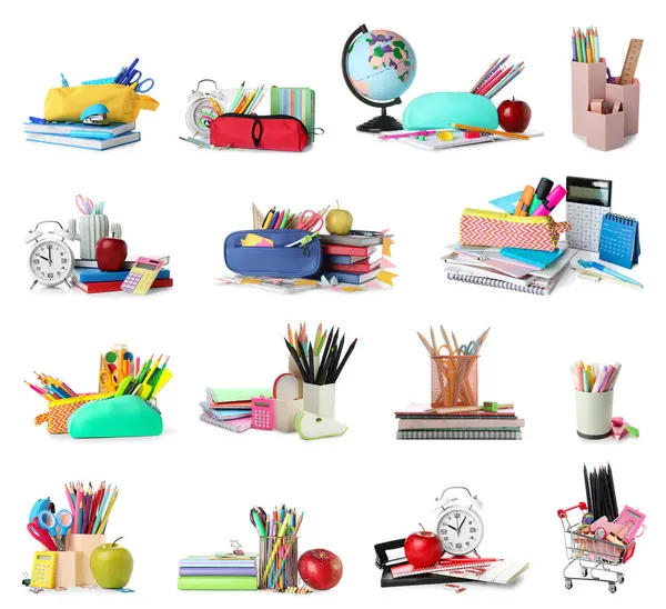 stock image Set of many school supplies on white background