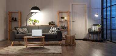 Oturma odasının içinde rahat kanepe, masa, raflar ve parlayan lambalar.