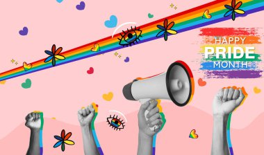 Banner for Pride Month with hands and megaphone clipart