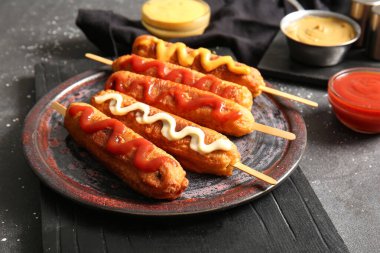 Lezzetli sosisli ve siyah arka planda soslu tabak.