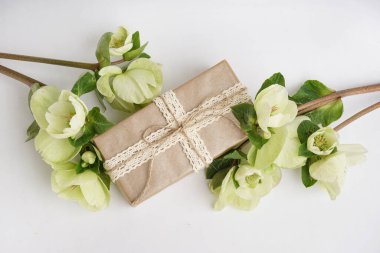 Hediye kutusu ve beyaz arka planda güzel çiçekli dallar.