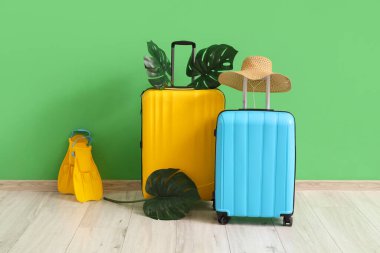 Şapkalı bavullar ve yüzgeçler yeşil duvarın yanında. Seyahat kavramı