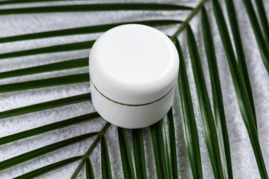 Hafif kumaş arka planda bir kavanoz krema ve palmiye yaprağı.