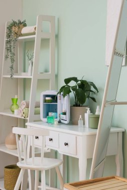 Işık duvarının yanındaki masada küçük kozmetik buzdolabı, ürünler ve ev bitkisi var.