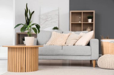 Kanepesi, masası ve bitkisi olan modern oturma odası.