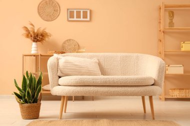 Rahat bir kanepe ve oturma odasının içinde dekorasyonu olan ahşap bir raf.