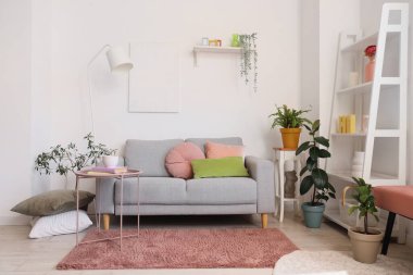 Rahat kanepesi ve sehpası olan şık bir oturma odası.