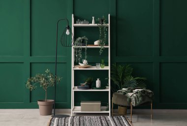Salonda yeşil arka planda bitkiler ve tabaklar olan raf ünitesi