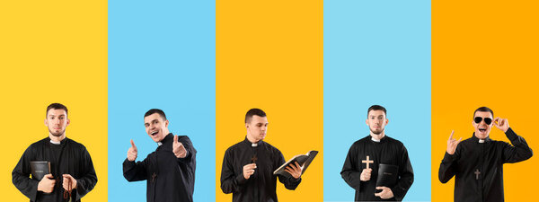 Set of young priests on color background