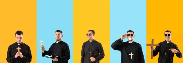 stock image Set of young priests on color background