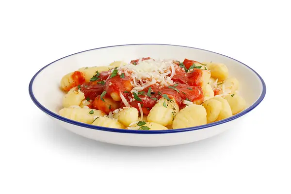 stock image Plate of tasty gnocchi with tomato sauce and cheese on white background